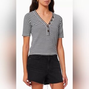 Frame White/Black Stipes Henley V-Neck Top